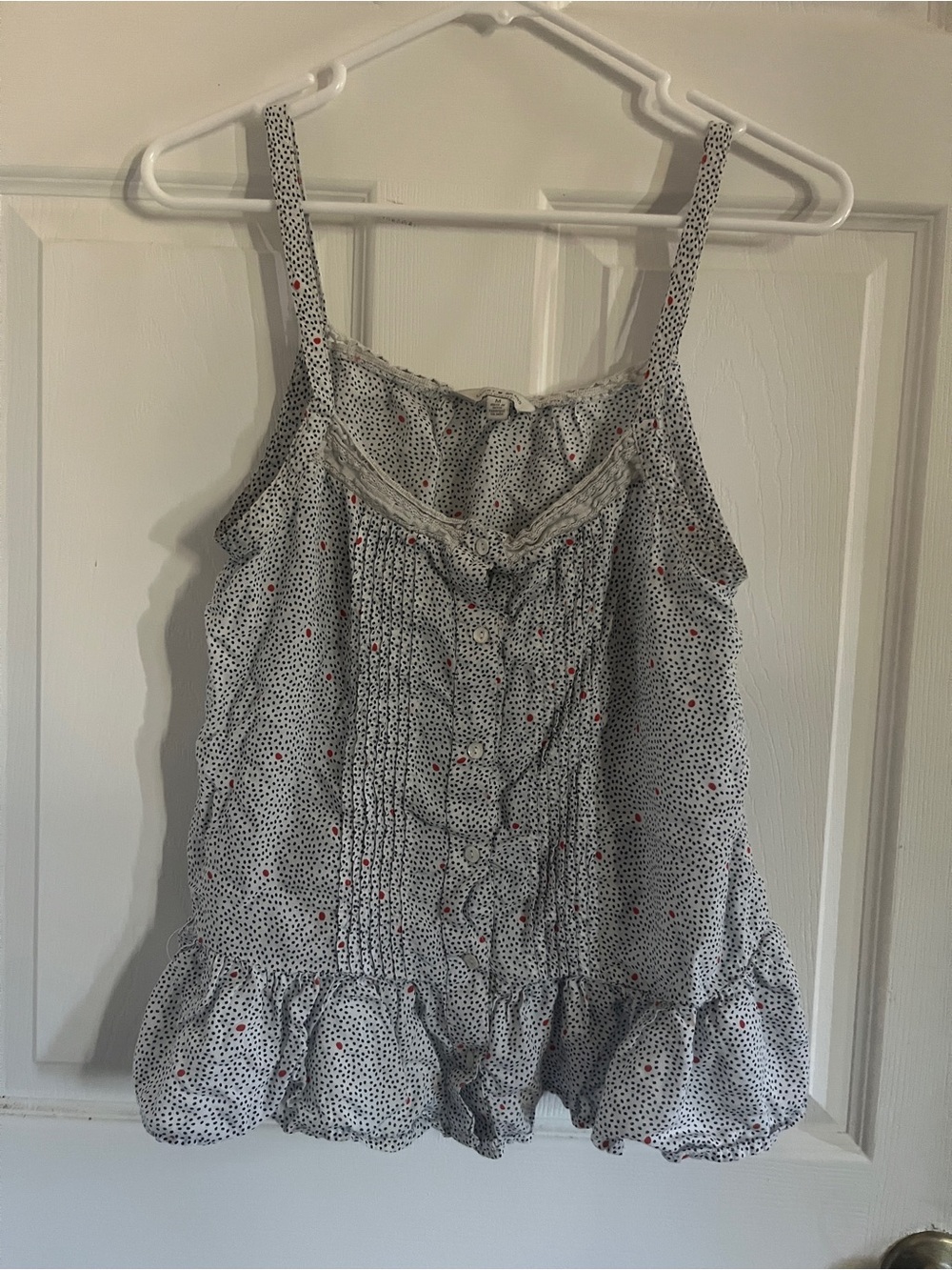 Lucky Brand White Tank with Gray-Blue Polka Dots & Red Accents